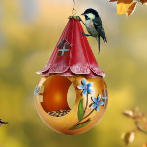 Muldale Solar Bird Feeder House - Copper Fairy House Rustproof Novelty Bird Feeders for the Garden - Outside Hanging Metal Bird Feeding Gift with LED Light - Gift Boxed