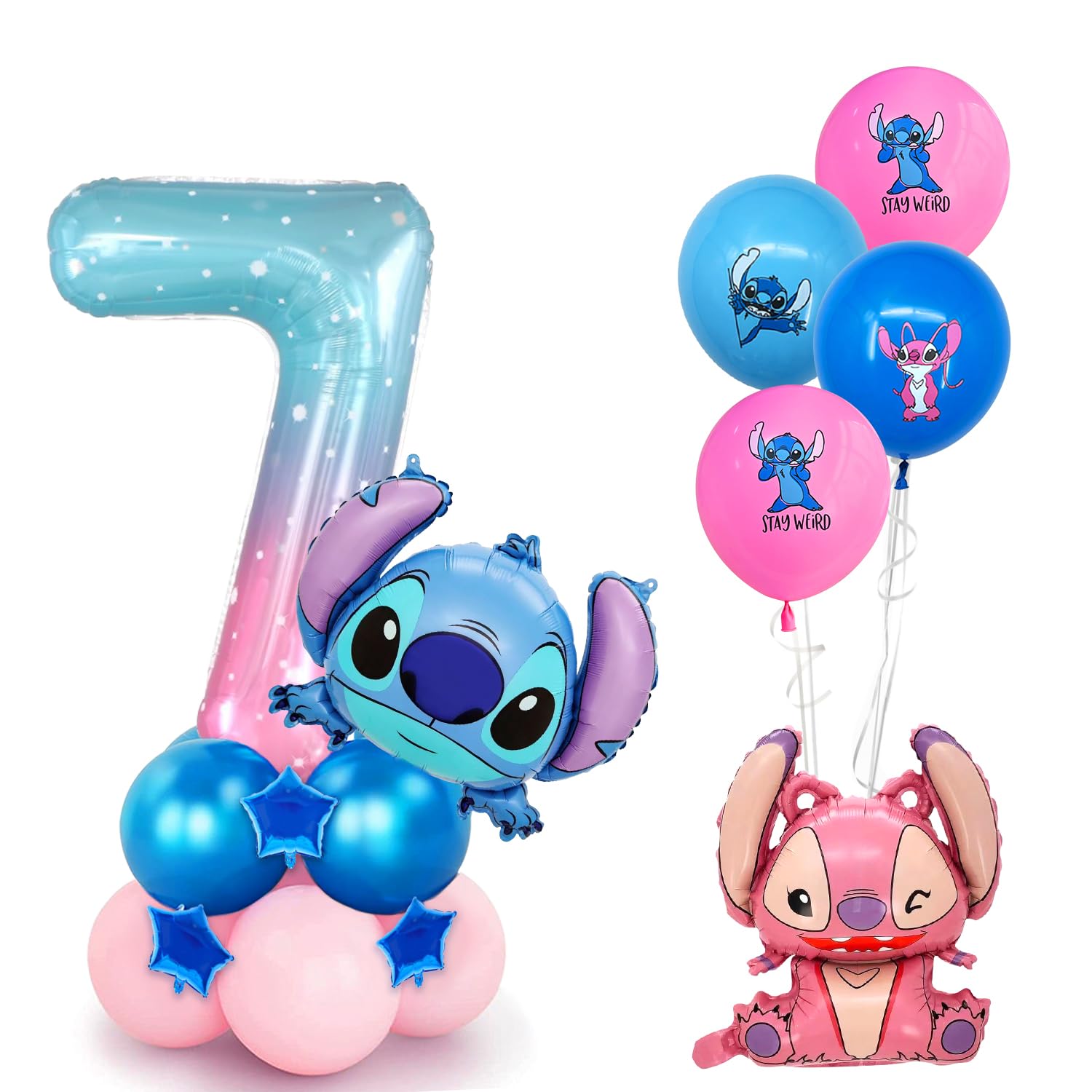 Topeedy 40inch 7th Birthday Party Balloon and Stitch Foil Balloons,18pcs Balloon set for Kid's Birthday Party Decoratio