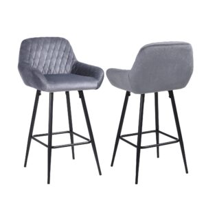alex-chair Bar Stools Set of 2 Grey Velvet Fabric with Backrest and Armrest
