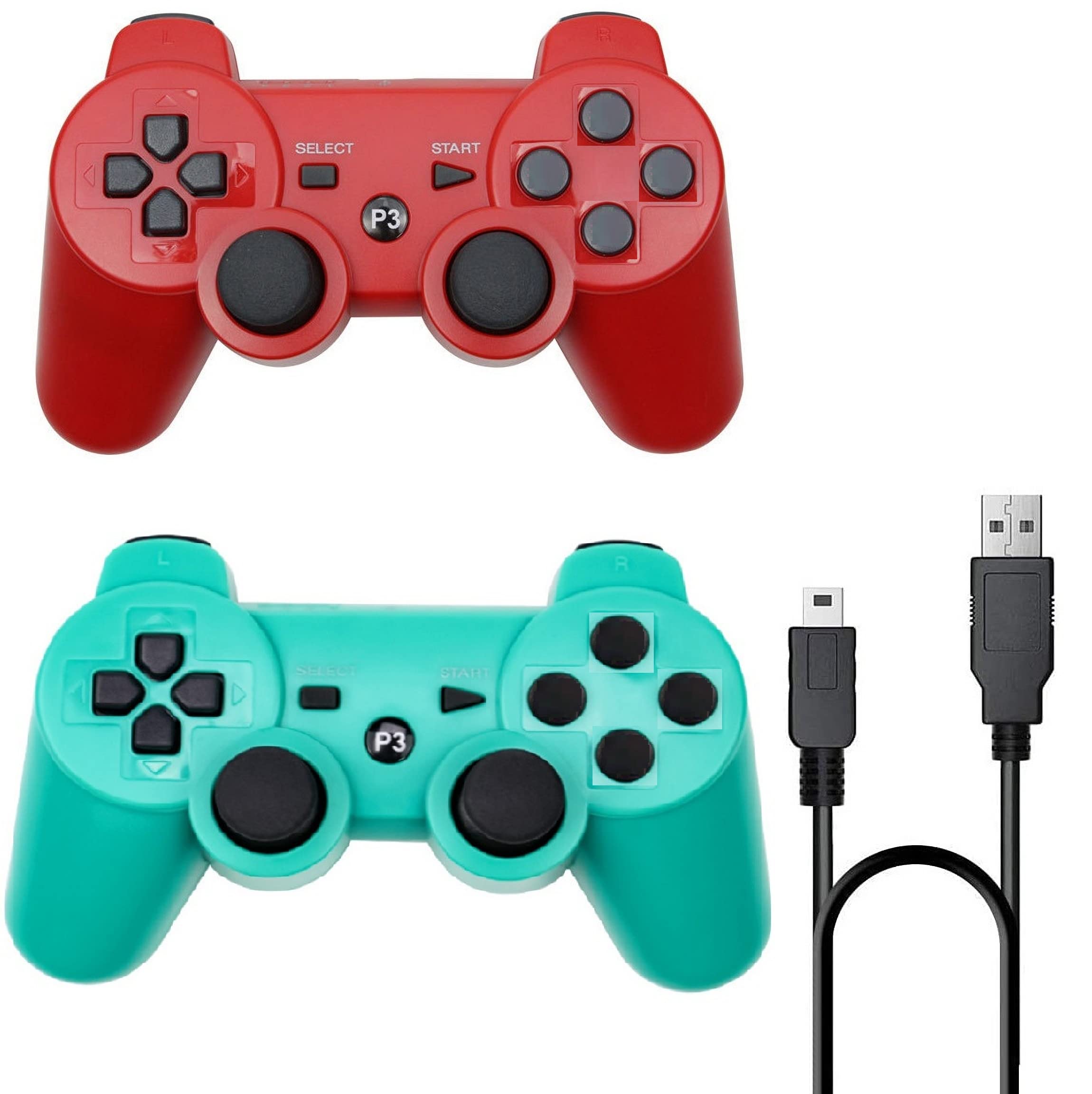 Rzzhgzq 2 Pack PS3 Wireless Controller Playstation 3 Controller Wireless Bluetooth Gamepad with USB Charger Cable for PS3 Console (Red+Green)