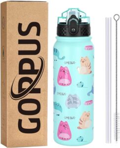 GOPPUS 600ml/20oz Stainless Steel Water Bottle with Straw Insulated Sports Bottle Cold Flask with Straw Double Walled Flip up Metal Water Bottles Leakproof Water Bottle for Gym Sports