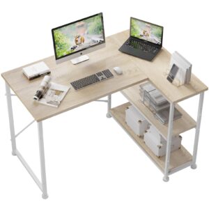 TRIUMPHKEY 110CM L Shaped Desk Corner Desk with Shelves Reversible Left or Right Computer Workstation Computer Desk Study Office Desk Storage Shelves Home Office Work Table for Office Oak