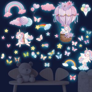 Glow in The Dark Stars for Ceiling Unicorn Wall Stickers Unicorn Rainbow Butterfly Wall Decals Luminous Unicorn Stars Ceiling Stickers for Girls Baby Kids Bedroom Living Room Nursery Blue