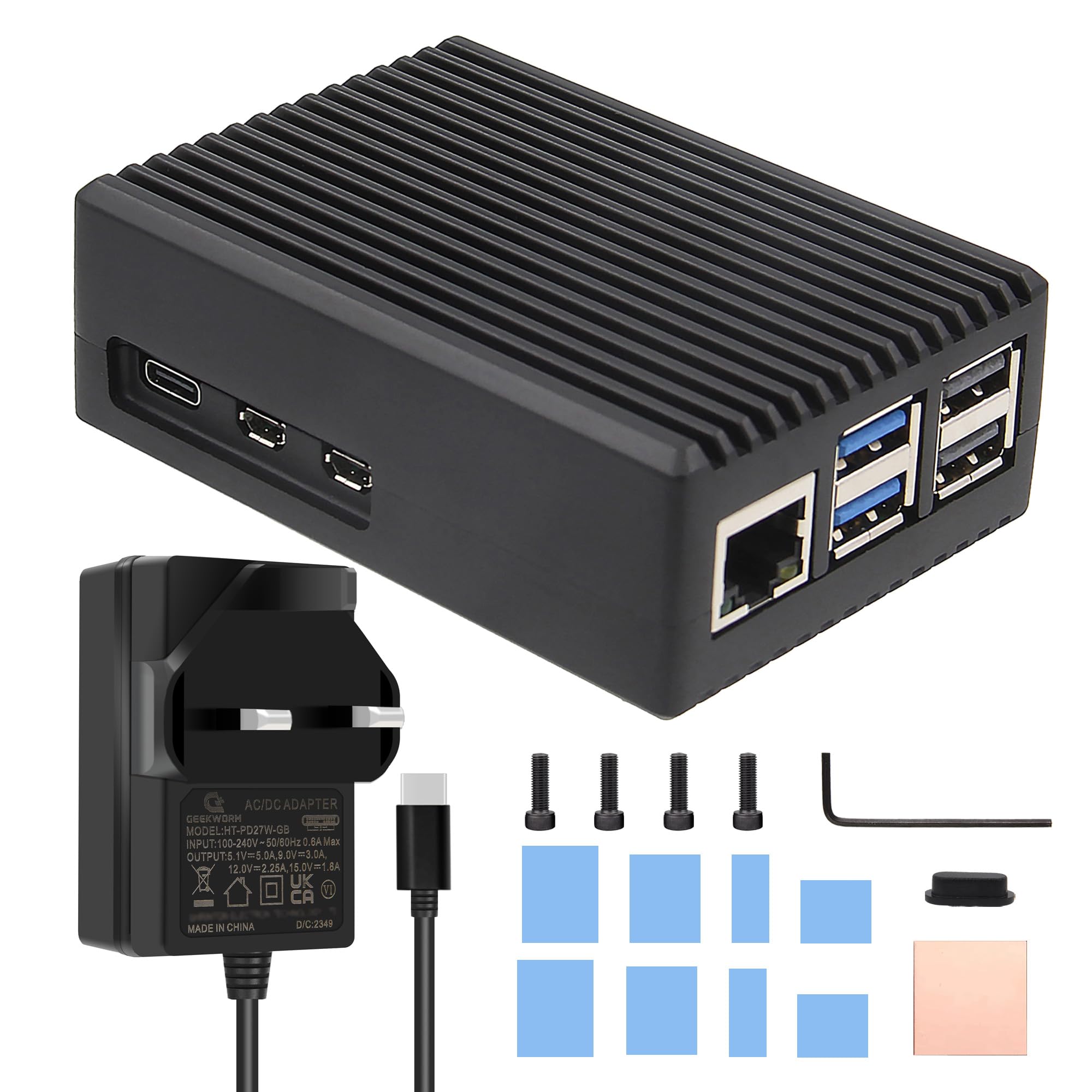 Geekworm Raspberry Pi 5 Aluminum Case with Power Supply USB-C 5V 5A 27W UK Plug (P573-UK)