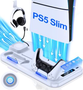 HEYLICOOL PS5 Slim Stand and Cooling Station with Dual Controller Charging Station for Playsation 5 Slim Disc/Slim Digital Console