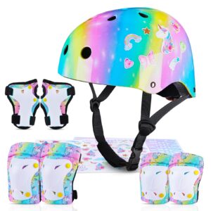 MHJY Kids Helmet and Pads Set with DIY Stickers Girls Bike Helmet Age 3-8 Years Unicorn Knee and Elbow Pads Adjustable Protective Gear for Children Cycle