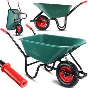 GARDEBRUK® Heavy Duty Garden Wheelbarrow | 100L 150KG | Pneumatic Tyre | Powder Coated Steel Rim | Strong Large Transport Trolley Handcart Wheel Barrow | Green & Black