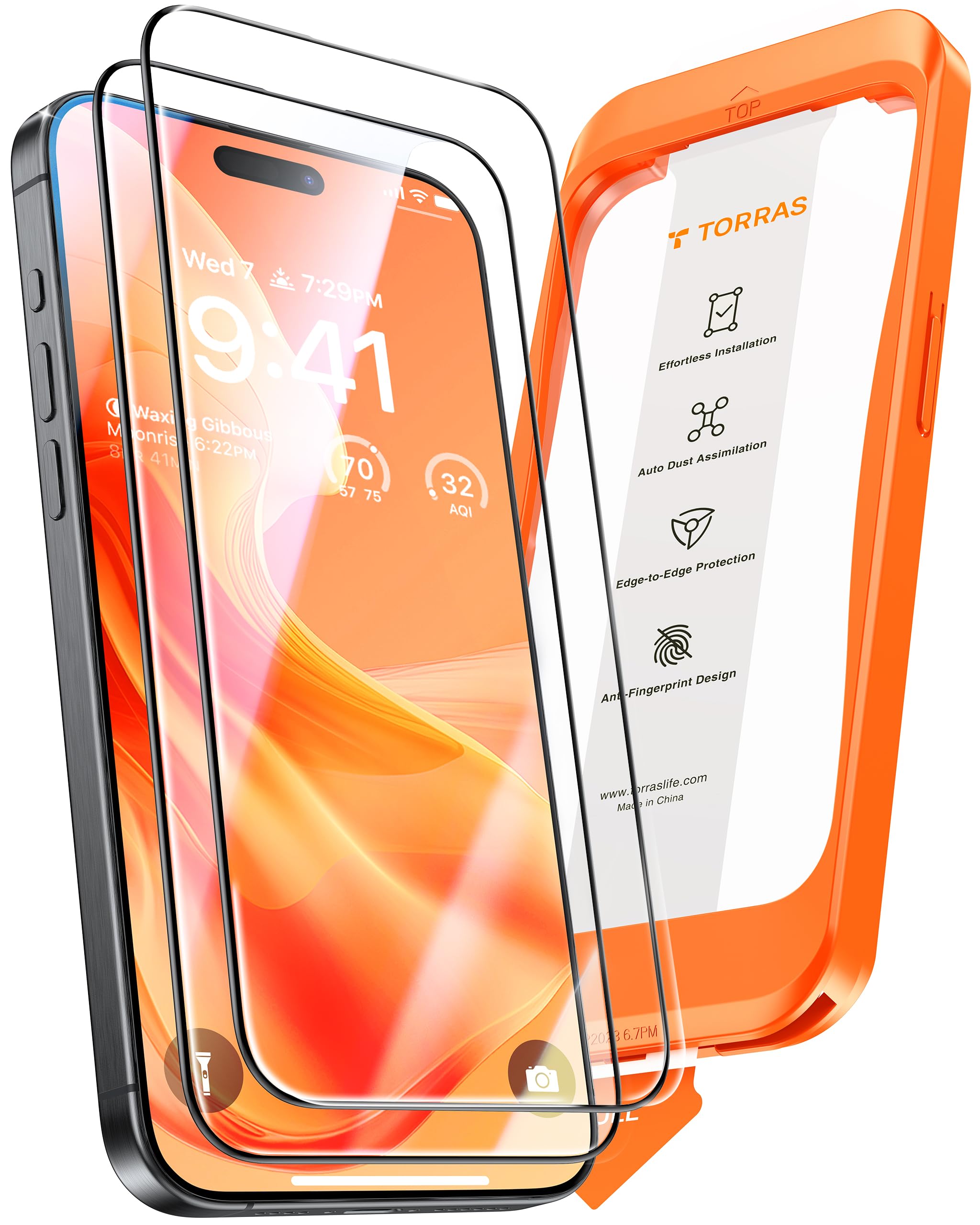 TORRAS [Full Screen Tempered Glass for iPhone 15 Screen Protector [8FT Military Shatterproof] [9H Anti-Scratch] [No Bubbles No Dust] Longest Durable Screen Protector iPhone 15 Glass (2 Pack)