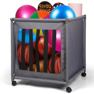 Fittoway Ball Storage Cart Rolling Ball Storage Bin for Balls with Wheels Elastic Straps Basketball Ball Holder Basketball Outdoor Indoo