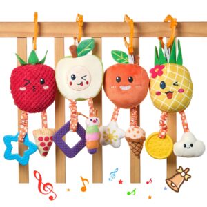 OR OR TU Pram Toys for Babies 0-6 Months Sensory Toys with Teether Bell 4pcs Cute Fruits Hanging Baby Rattle Crib Car Seat Pram Toys for Newborn Baby Gif