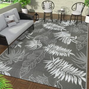 Falflor 150x245cm Outdoor Reversible Rug Waterproof Outdoor Patio Rug Plastic Large Floor Mat Lightweight Indoor Outdoor Rug Carpet Plastic Straw Rug for Camping Deck RV Backyard Picnic (Grey)
