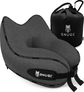 SNUGL Travel Pillow - Memory Foam Neck Cushion - Flight Pillow | Support Neck Pillow for Travel | Travel Neck Pillow for Airplane with Carry Bag & Clip | Flying Travel Essentials (Dark Grey - Regular)