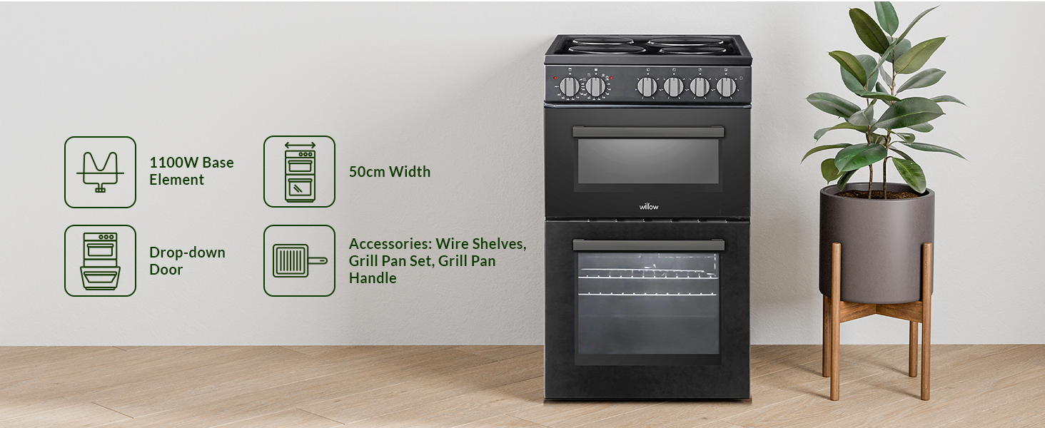 Willow twin cavity electric cooker with feature icons, 1100W, drop down door, Width 50cm