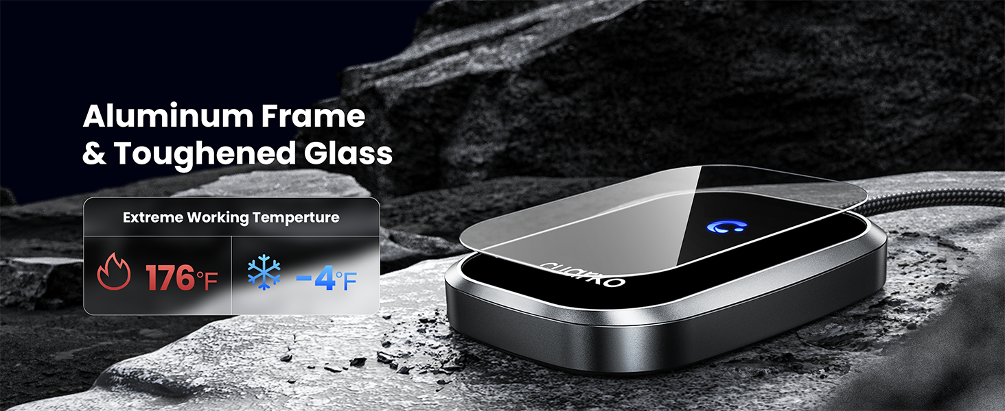 Android Auto Wireless Adapter UK. Aluminum Frame&Toughened Glass provide Top-notch heat dissipation