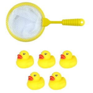 Mini Rubber Ducks 5 with Fishing Net Bath Toy Set - Fun Water Games for Kids