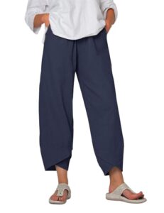 heekpek Womens Trousers Casual Wide Leg Capri Pants Cotton Trousers Summer Elastic Waistband with Pockets Lightweight Cropped Trousers