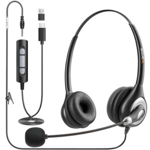 Wantek USB Headset with Microphone for PC Wired Headphones - USB C 3.5mm Headsets with Noise Cancelling Microphone for Laptop - Type-C Computer Headphones with Inline Volume Control & Mute