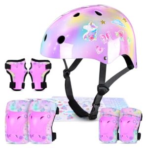 MHJY Kids Helmet and Pads Set with DIY Stickers Girls Bike Helmet Age 3-8 Years Unicorn Knee and Elbow Pads Adjustable Protective Gear for Children Cycle