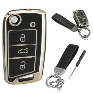 TPU Silicone Flip Car Key Case Cover For Volkswagen Tiguan MK7 Golf Seat Skoda Passat Touran Jetta Polo B5 B6 Octavia VW Remote Key Shell Cover(Black)