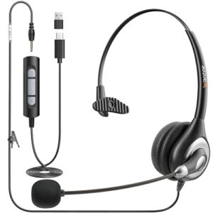 Wantek USB Headset with Microphone for PC Wired Headphones - USB C 3.5mm Headsets with Noise Cancelling Microphone for Laptop - Type-C Computer Headphones with Inline Volume Control & Mute