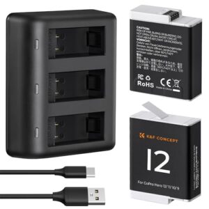 K&F Concept Gopro Hero 12 Battery 2-Pack Enduro Battery and 3-Channel Fast Battery Charger for Gopro Hero 12 11 10 9 Black 1720mAh