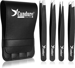 Candure Tweezers for Eyebrows - Professional Stainless Steel Slanted and Pointed Tip Hair Tweezers Set for Ingrown Hair
