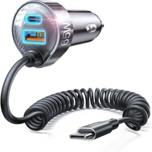 LISEN 65W Car Charger USB C Fast Charger with 5FT 30W USB C Coiled Cable Car Phone Charger Adapter PD&QC3.0 Cigarette Lighter USB Charger 12V USB Socket for Iphone 15 Samsung Ipad Pro Android