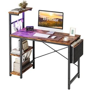 Bestier Computer Desk with Shelves Small Corner Desk with LED Lighting 113CM Reversible Computer Desk Writing Table with Side Pocket Storage Bag & Accessories Hanger for Home Office Small Space
