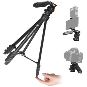 TARION Travel Tripod for Camera & Phone - Lightweight Camera Tripod Stand with Detachable Pan-Tilt Head & Hidden Phone Holder - 55"/139cm Aluminum Tall DSLR Video Tripod for Vlog Photography Squorpio