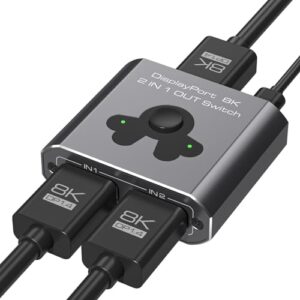 PVBCTCSID 8K DisplayPort Switch 2 In 1 Out DP 1.4 Switch 8K@60Hz 4K@144Hz Display Port Switcher for Monitors TVs PCs Laptops Projectors etc.