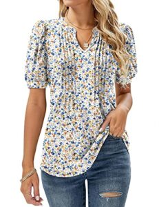 EFFAN Womens V Neck Tops Puff Short Sleeve T-Shirt Pleated Floral Printed Tunic Blouse Shirts