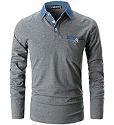 KUNJLELP Polo Shirts for Men Adult Long Sleeve Denim Splice Collar Golf Shirt