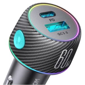 JOYROOM 60W Super Fast Car Charger Adapter [PD30W & QC30W] USB C Car Phone Charger 12V Cigarette Lighter USB Charger with LED Light and Carbon Fiber Material Fast Charging for iPhone 15 Samsung S23