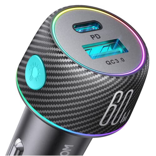 JOYROOM 60W Super Fast Car Charger Adapter [PD30W & QC30W] USB C Car Phone Charger 12V Cigarette Lighter USB Charger with LED Light and Carbon Fiber Material Fast Charging for iPhone 15 Samsung S23