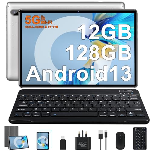 2024 Newest Tablet 10 Inch Android 13 Tablet Octa Core 2.0GHz 12GB RAM 128GB ROM (TF 1TB) | 5G WiFi | Bluetooth 5.0 | 6000mAh | 5MP + 8MP | FHD IPS Display | Tablet with Keyboard Mouse Case - Silve