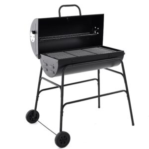 Panana Oil Drum Charcoal BBQ Grill - With Lid Cover - Chrome Plated Steel Cooking Grid - Built-in Temperature Gauge - Warming Rack and Base Wheels - Freestanding Outdoor Oven - Picnic