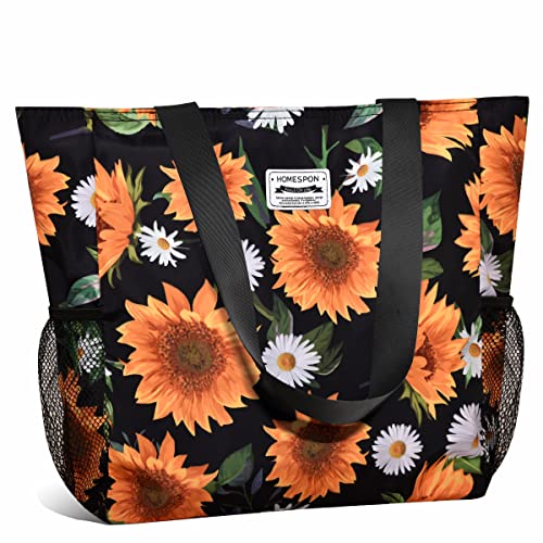 HOMESPON Large Waterproof Beach Tote Bag with Zip and Pockets for Wome