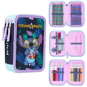 Disney Stitch Pencil Case with Stationery for Girls Frozen Filled Pencil Case School Supplies Colouring Pencils Coloured Markers Stitch Gifts for Girls (Stitch Triple Zip)