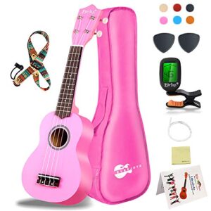 Everjoys Soprano Ukulele Beginner Kit 21 Inch Ukelele w/How to play Songbook Carrying bag Digital Tuner All in One Set (Pink)