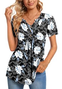 CATHY Womens Short Sleeve Tunic Tops Casual V-Neck Button Blouse Henley Shirts Summer Pleated Pullove