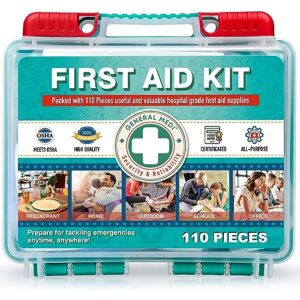 General Medi 110 Pieces Small First Aid Kit - HardCase First Aid Box - Contains Premium Medical Supplies for Travel