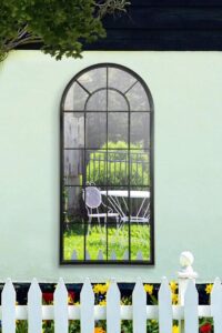 MirrorOutlet Large New Black Multi Panelled Arched Window Garden Outdoor Mirror 4ft7 x 2ft2