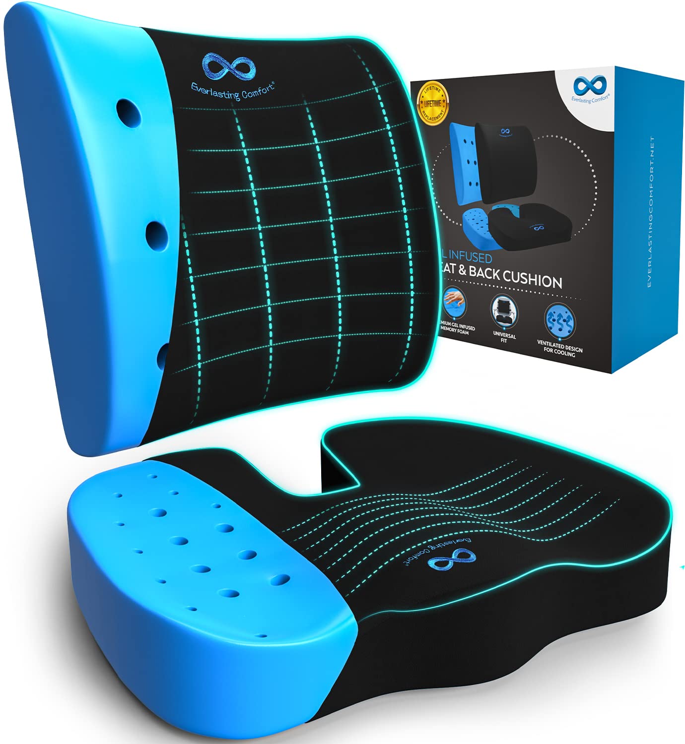 Everlasting Comfort Lumbar Support and Office Chair Cushion Combo - Gel Memory Foam Chair Cushions for Desk