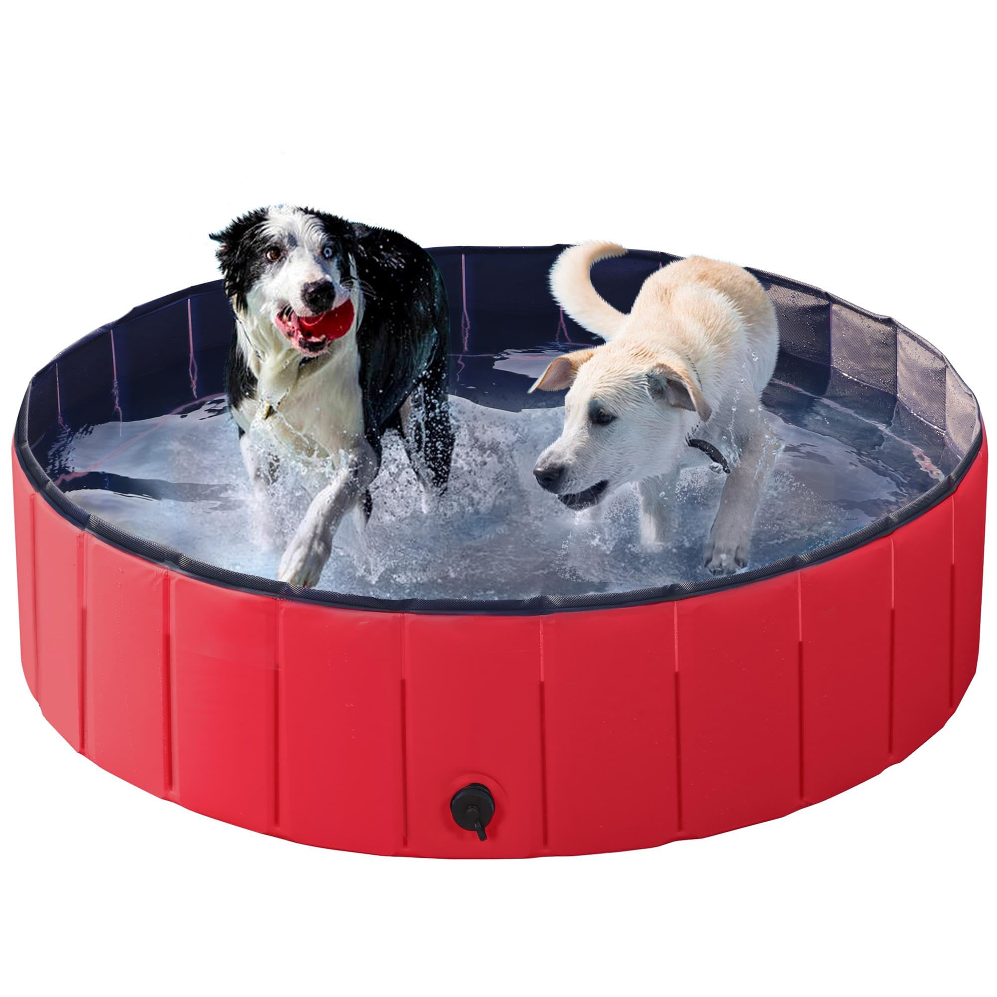 Yaheetech PVC Foldable Pet Dog Paddling Pool Puppy Swimming Pool Portable Dog Pool Large Bathing Tub with Brush for Indoor Outdoor 120 x 30cm Red
