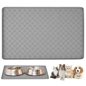 Dog Food Mat 48 x 30cm x 1cm – Food Grade Silicone Dog Bowl Mat – Spill-Proof Dog Mat for Bowls – Upgraded Raised Edges Dog Splash Pads for Clean Floors – Anti-Slip Waterproof Design (Grey)