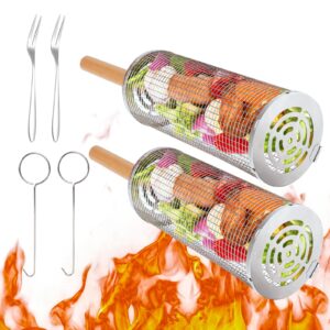 2 pcs roller BBQ grill basket with wooden handle