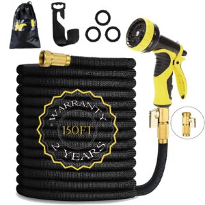 Garden Hose 150ft 45m HmiL-U Strongest Double Latex Inner Tube Prevent Leaking Magic Hosepipe with 9 Function Spray Gun+Solid Brass Fittings (Retracted Length 50ft)【2 Years 100% Guaranteed】(150ft)