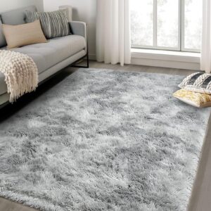 ASIinnsy Area Rugs Soft Fluffy Shaggy Rugs Living Room Grey Large Modern Plush Rug High Pile Non-Slip Bedroom Carpet Floor Mat Nursery Bedside Rug (Grey White