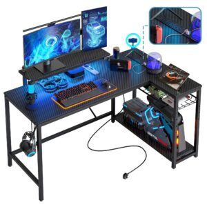 Bestier L Shaped Desk with Power Outlets & LED Lights Reversible 132CM Corner Desk with Shelves Larger PC Workstation with Hooks for Home Office Studying Desk for Bedroom