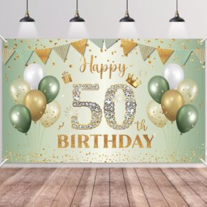 Happy 50th Birthday Banner Sage Green Gold